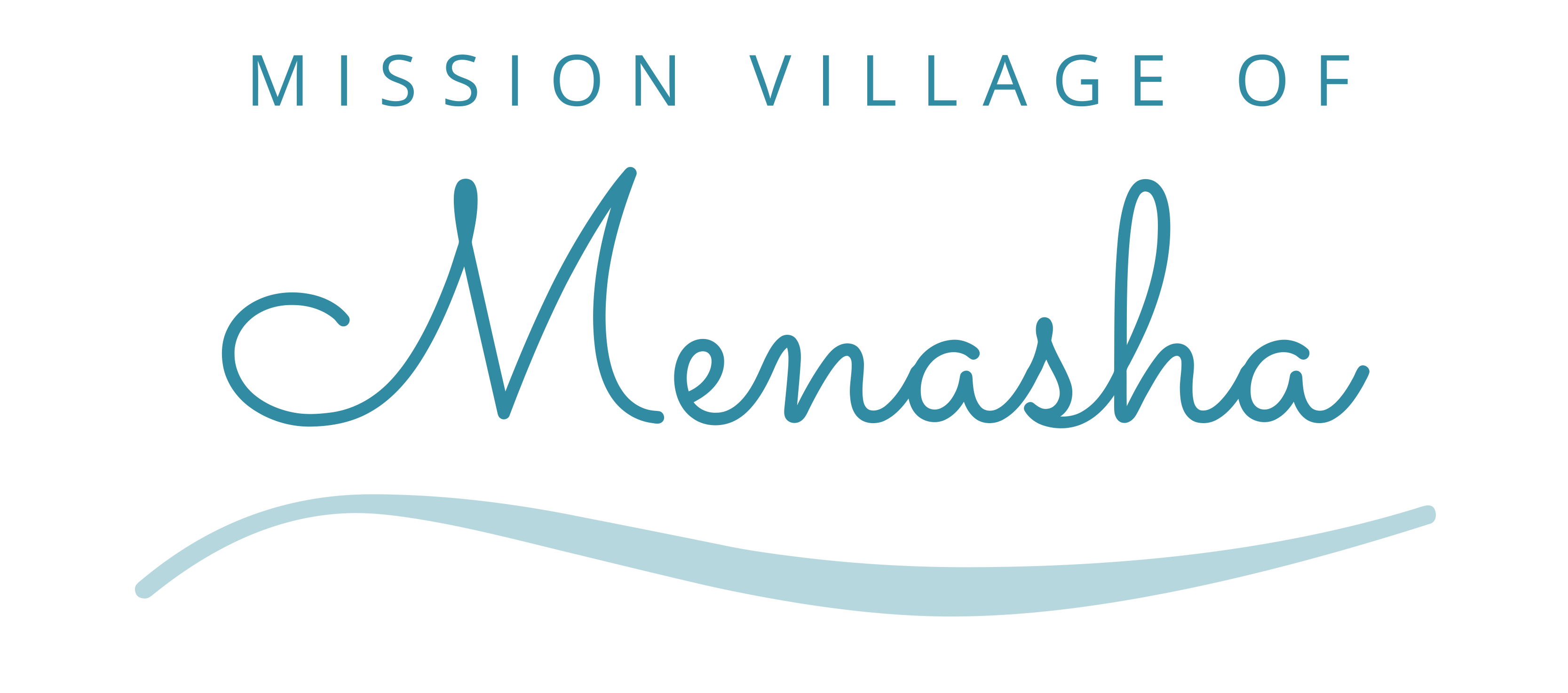The image displays the name of a mission village, "Mission Village of Menasha", in a stylized font with a decorative underline.